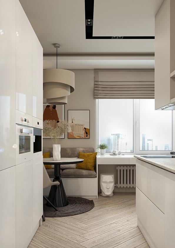 Интерьер кухни с балконом, кухней у окна, кухней-нишей и с кабинетом в стиле лофт и скандинавском стиле