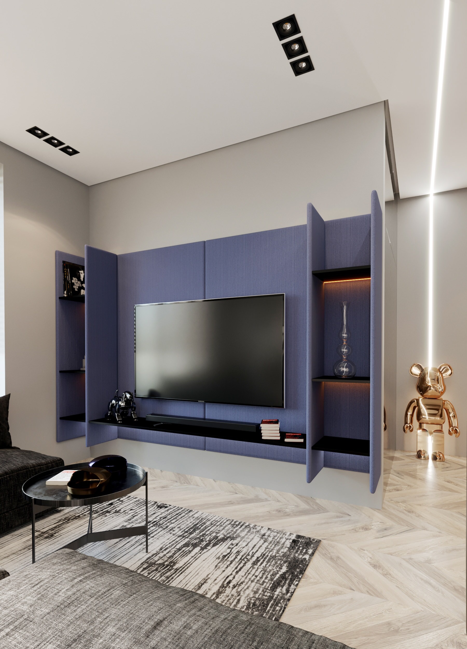 Интерьер гостиной с панно за телевизором, стеной с телевизором, телевизором на стене, нишей для телевизора и керамогранитом на стену с телевизором в современном стиле