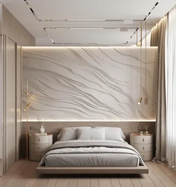 Интерьер спальни cветильниками над кроватью, с подсветкой и акцентной стеной за кроватью в современном стиле смотреть на Basicdecor