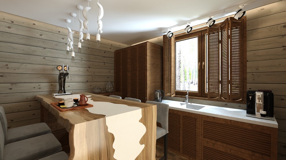 Интерьер кухни с в деревянном доме и сауной в современном стиле