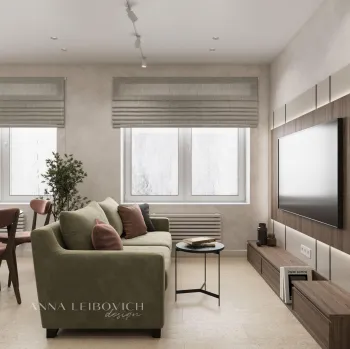 Интерьер гостиной с двой окна, жалюзи и дверными жалюзи  смотреть на Basicdecor