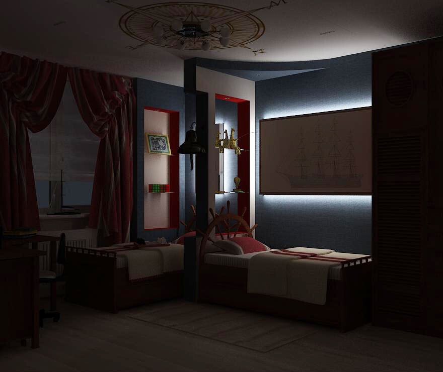 Интерьер гостиной с нишей с подсветкой, подсветкой настенной, подсветкой светодиодной, светильниками над кроватью и с подсветкой в современном стиле