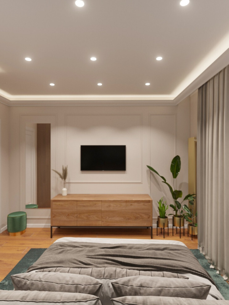 Интерьер спальни с рейками с подсветкой, подсветкой настенной, подсветкой светодиодной и с подсветкой в стиле фьюжн