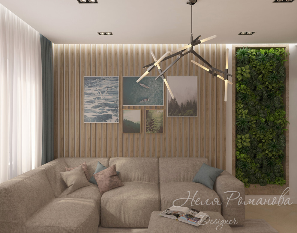 Интерьер гостиной с в деревянном доме, проходной, рейками с подсветкой и подсветкой светодиодной в стиле лофт и скандинавском стиле