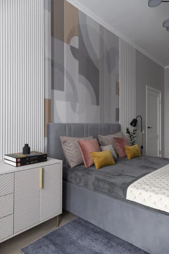 Интерьер спальни с акцентными обоями за кроватью  смотреть на Basicdecor