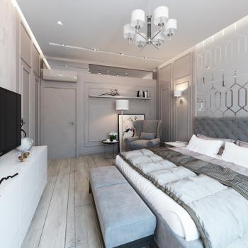 Интерьер спальни с проходной, бра над кроватью, подсветкой настенной, подсветкой светодиодной, светильниками над кроватью и с подсветкой в современном стиле