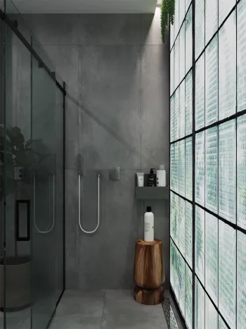 Интерьер ванной с душевой из плитки  смотреть на Basicdecor