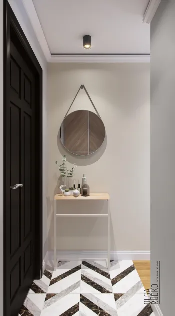 Интерьер ванной с зеркалом на двери и зеркалом над комодом  смотреть на Basicdecor