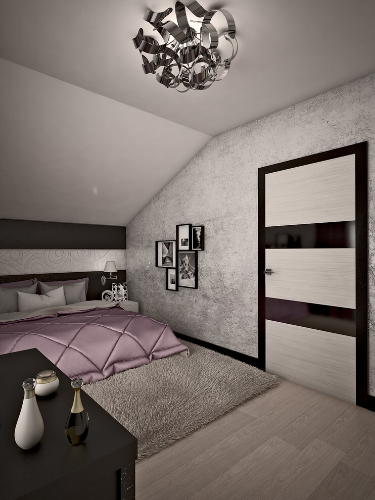 Интерьер спальни с подсветкой настенной и светильниками над кроватью в модернизме