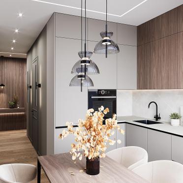 Интерьер кухни cветильниками над столом  смотреть на Basicdecor