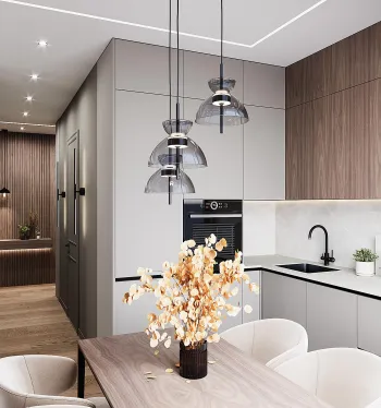 Интерьер кухни cветильниками над столом  смотреть на Basicdecor