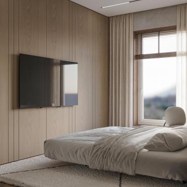 Интерьер спальни с телевизором на стене  смотреть на Basicdecor