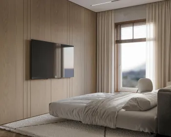 Интерьер спальни с телевизором на стене  смотреть на Basicdecor