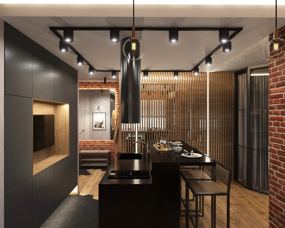 Интерьер кухни с рейками с подсветкой, подсветкой настенной, подсветкой светодиодной и с подсветкой в стиле лофт