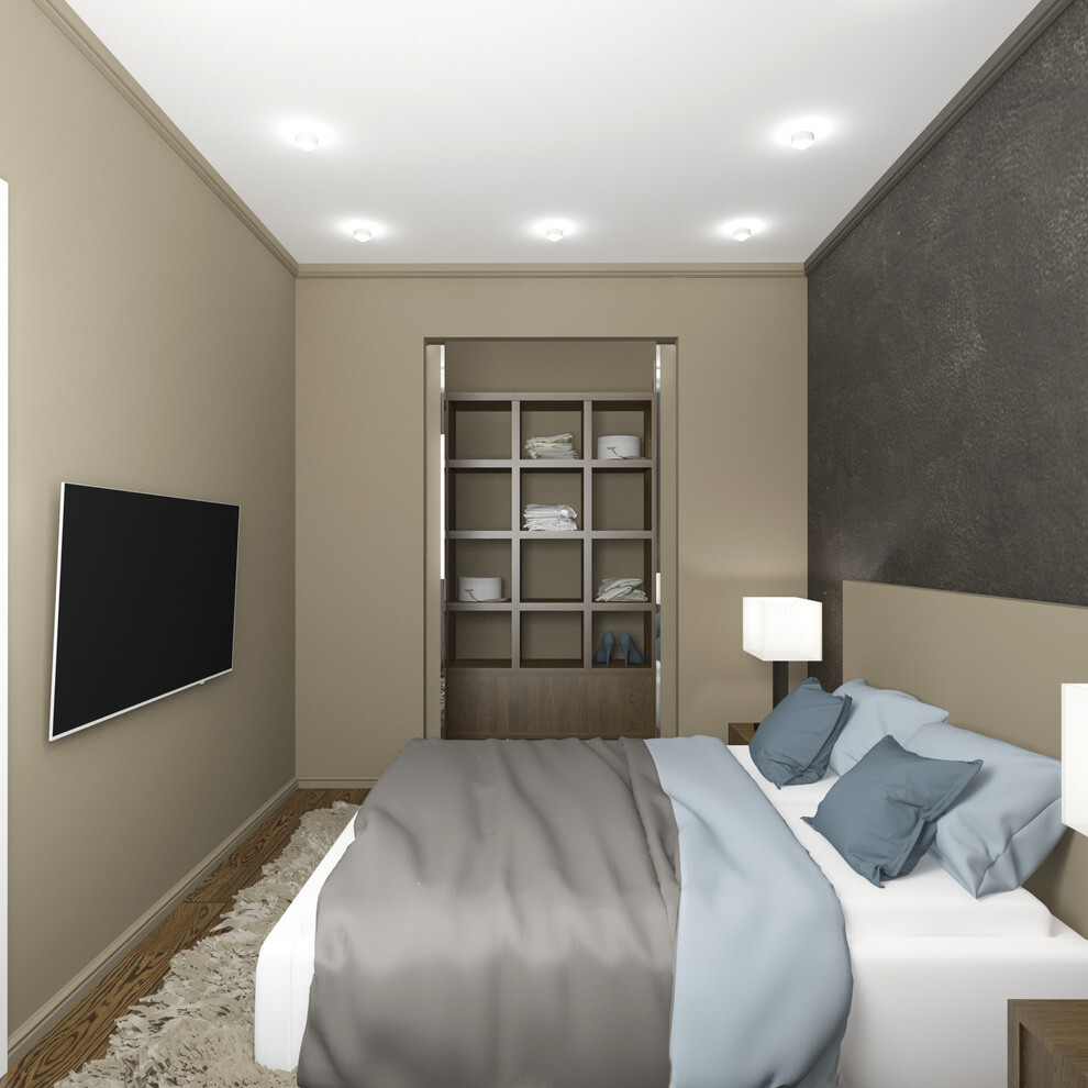 Интерьер спальни с нишей с подсветкой, подсветкой настенной, подсветкой светодиодной и с подсветкой