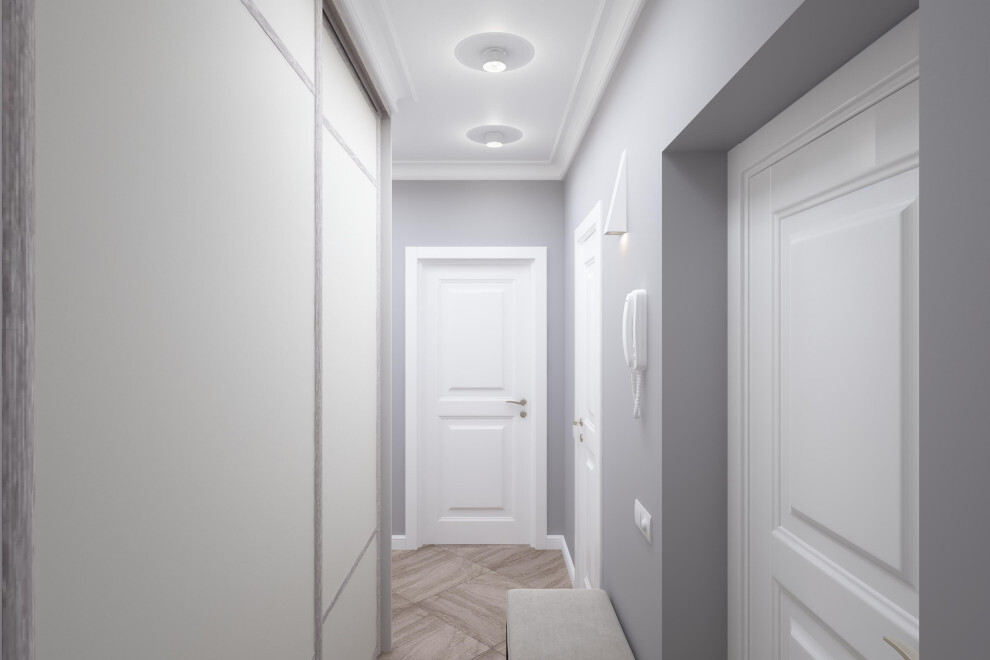 Интерьер коридора cветовыми линиями и подсветкой светодиодной в современном стиле