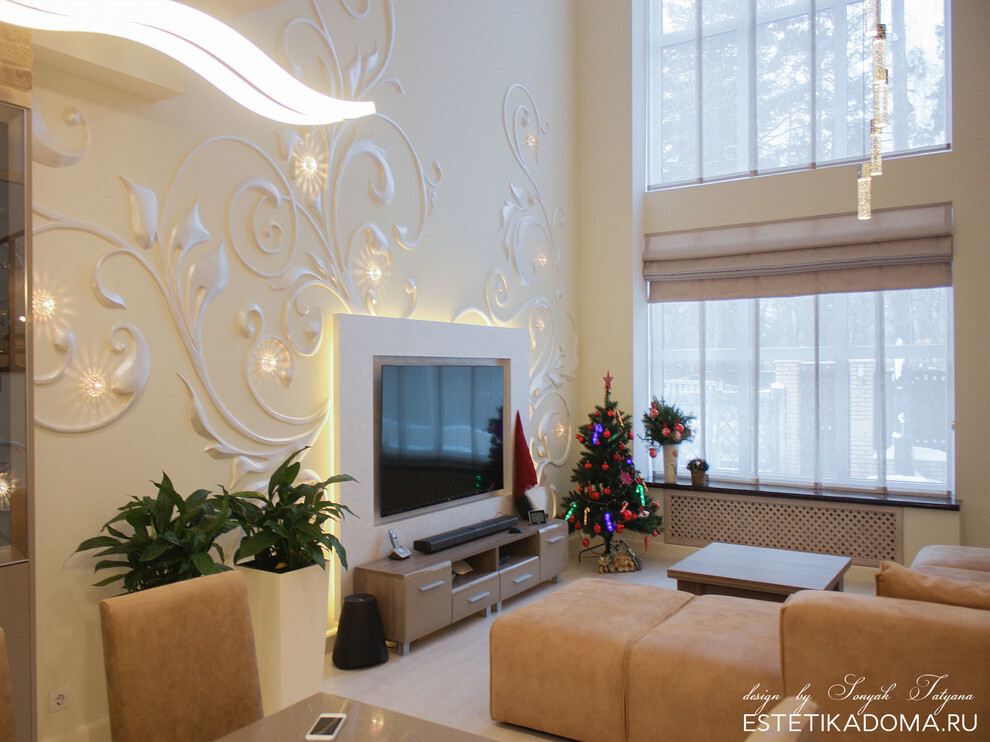 Интерьер гостиной с нишей с подсветкой и подсветкой настенной в современном стиле