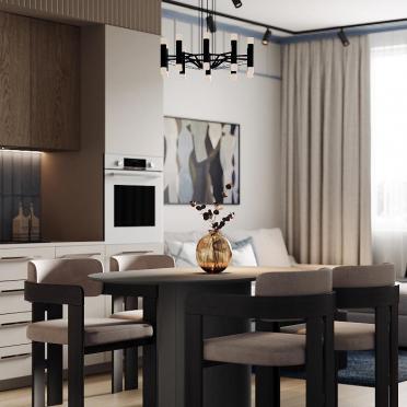 Интерьер кухни cветильниками над столом  смотреть на Basicdecor