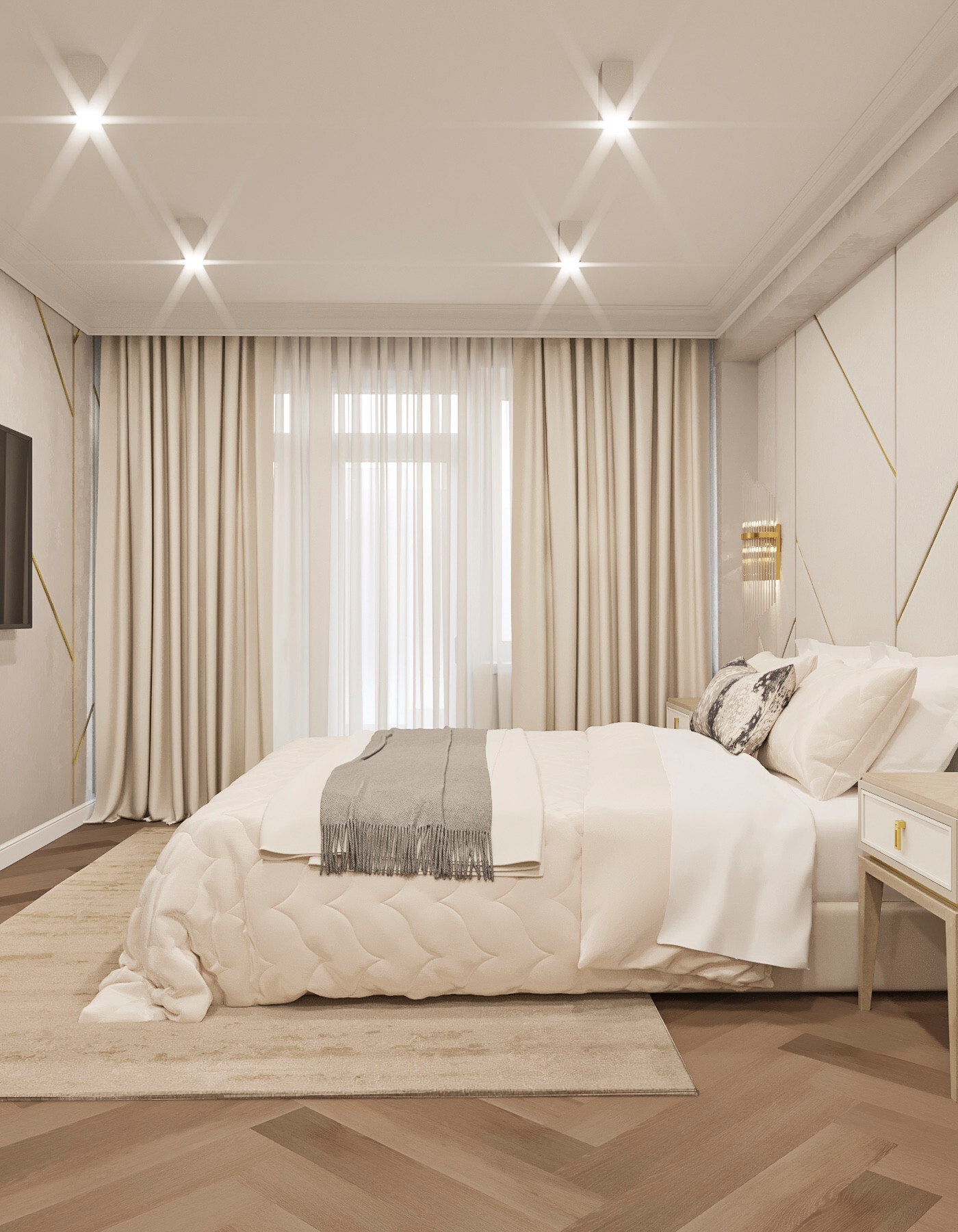 Интерьер спальни с подсветкой настенной, подсветкой светодиодной и светильниками над кроватью в неоклассике