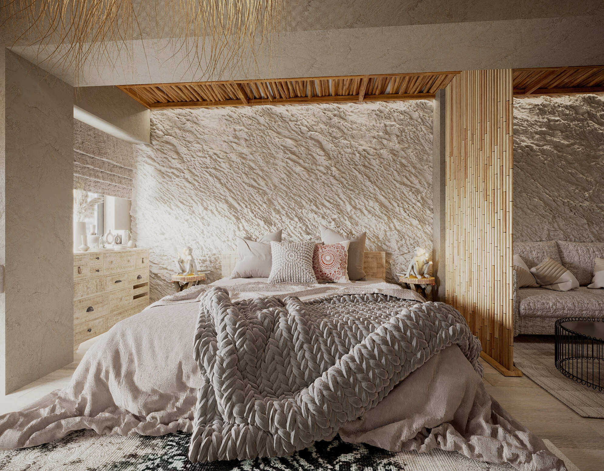 Интерьер спальни в стиле лофт, средиземноморском и бохо