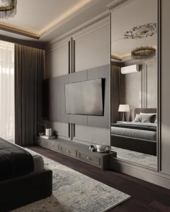 Интерьер спальни с телевизором на стене  смотреть на Basicdecor