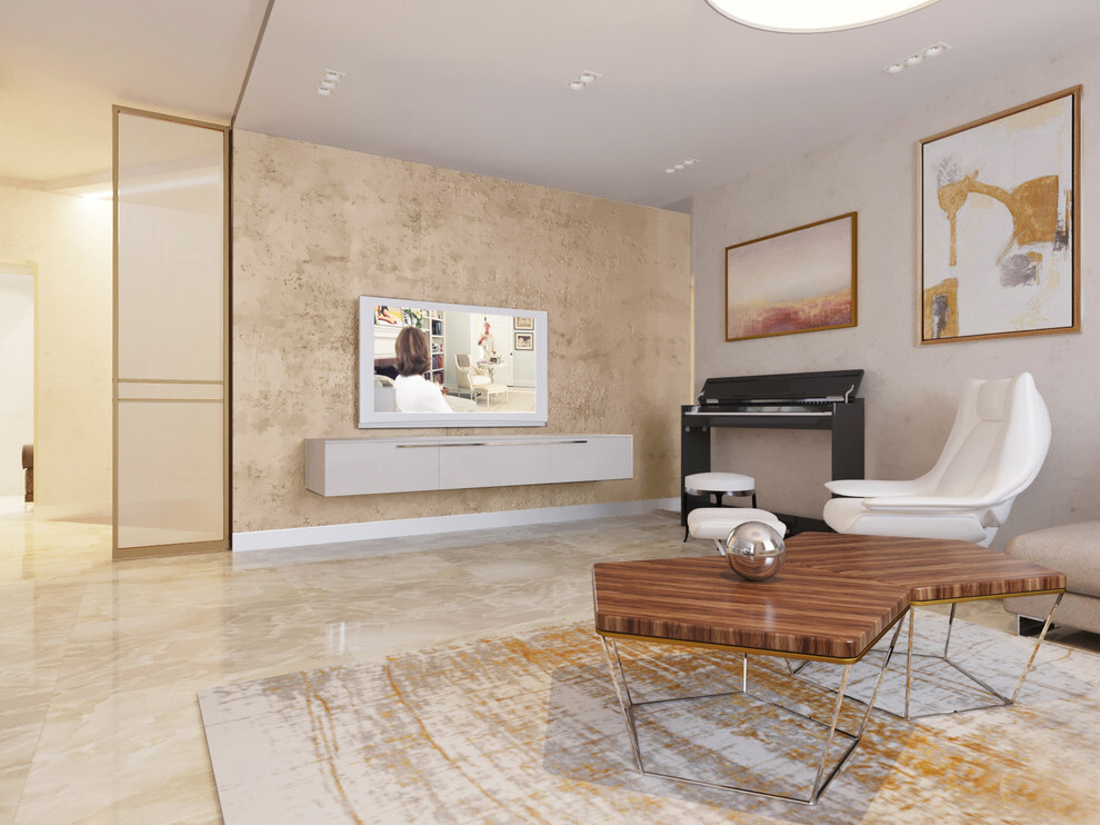 Интерьер гостиной с панно за телевизором, стеной с телевизором, телевизором на стене, керамогранитом на стену с телевизором и подсветкой настенной в современном стиле