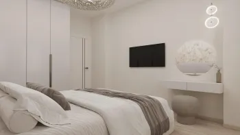 Интерьер спальни с нишей с подсветкой, светильниками над кроватью и с подсветкой  смотреть на Basicdecor