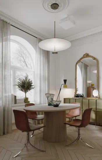 Интерьер столовой cветильниками над столом и светильниками над кроватью  смотреть на Basicdecor