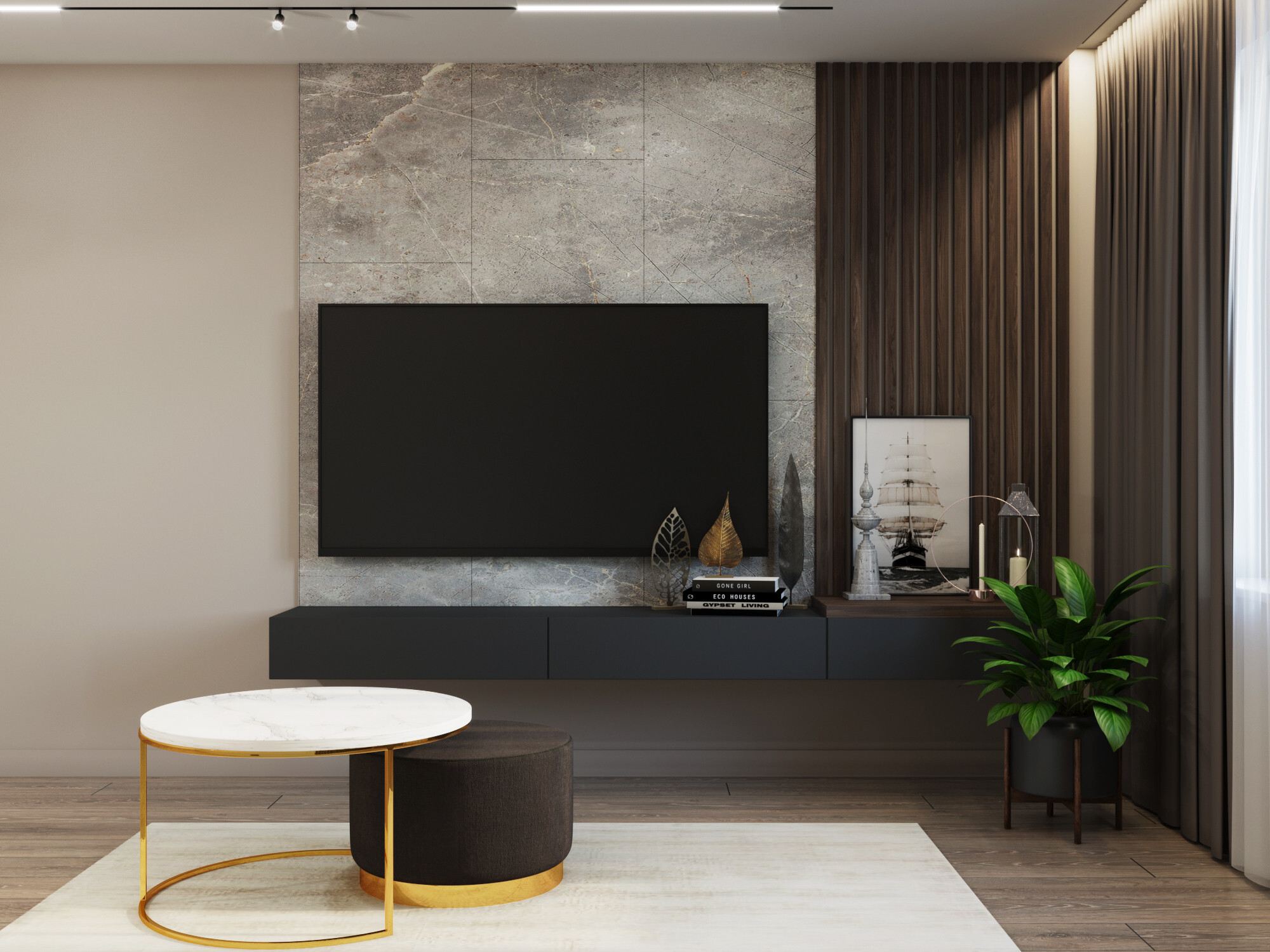 Интерьер гостиной с керамогранитом на стену с телевизором и подсветкой настенной