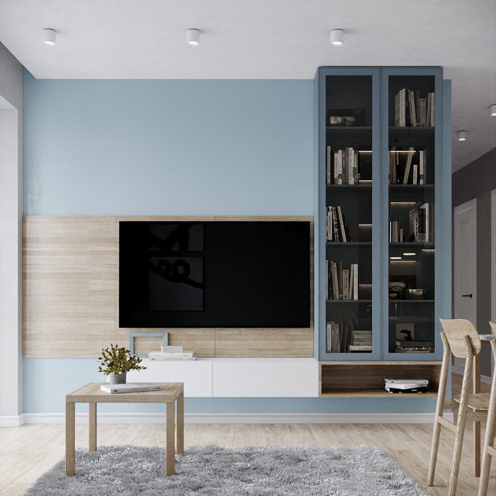 Интерьер гостиной cтеной с телевизором, телевизором на рейках и керамогранитом на стену с телевизором в современном стиле