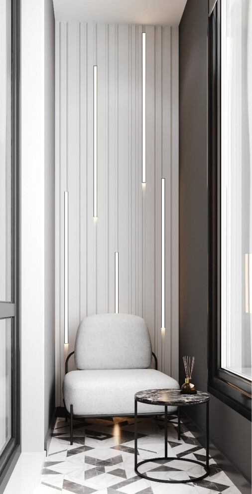 Интерьер с вертикальными жалюзи, рейками с подсветкой, подсветкой настенной и подсветкой светодиодной в современном стиле