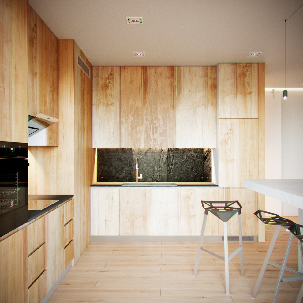 Интерьер кухни с в деревянном доме в современном стиле и в стиле лофт