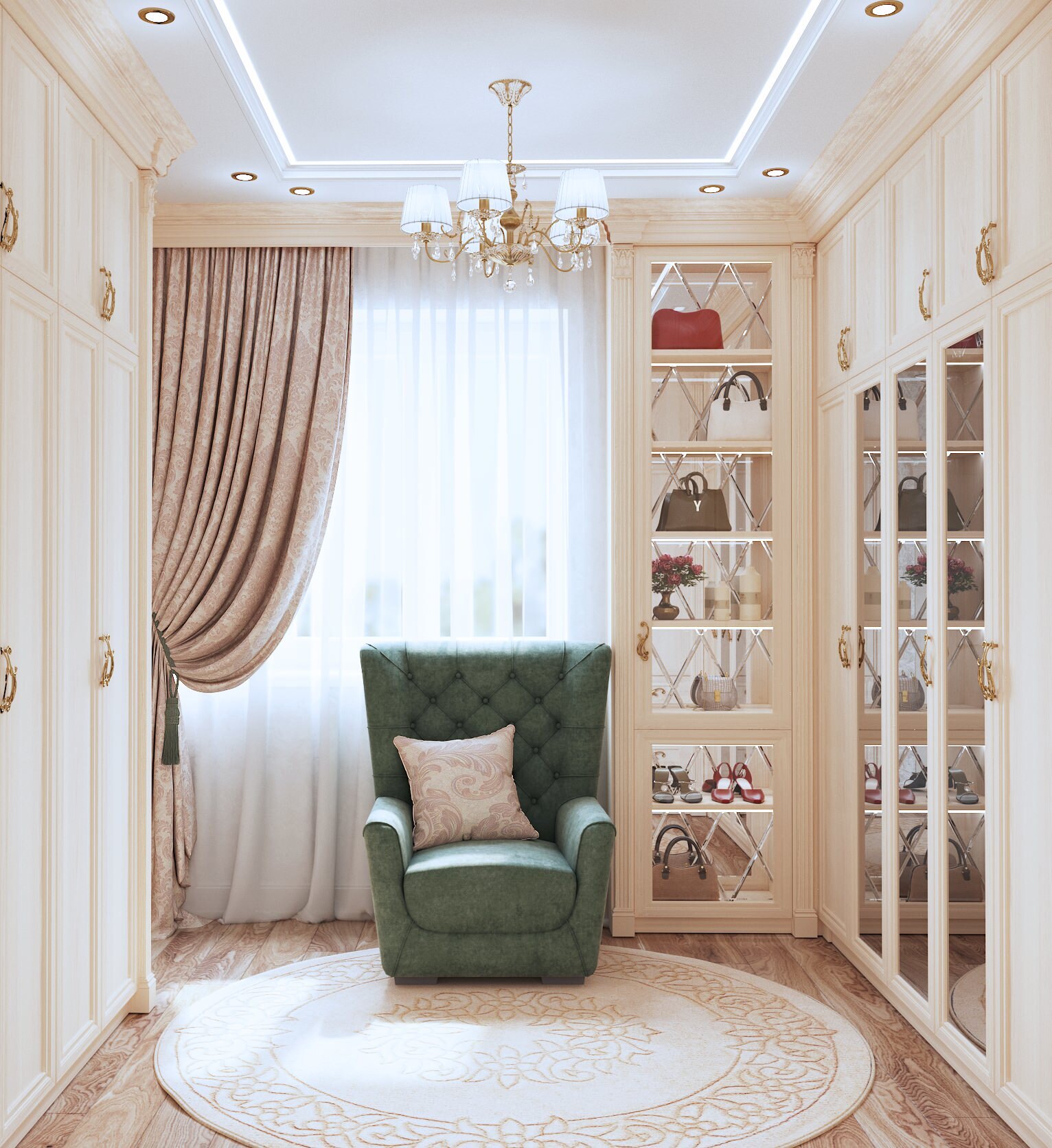 Интерьер гардеробной с гардеробной со шторой в классическом стиле
