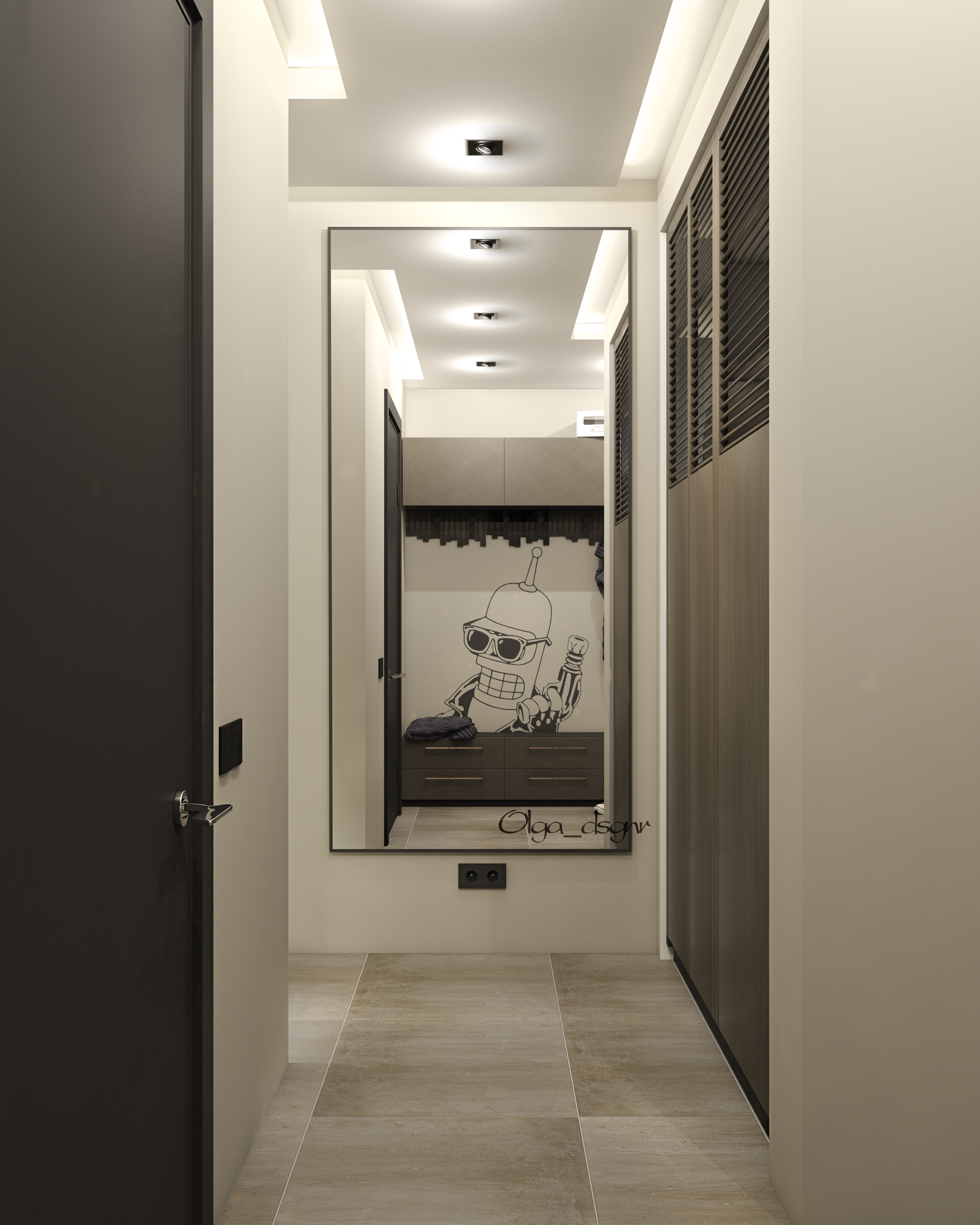 Интерьер коридора с проходной, световыми линиями, зеркалом на двери, рейками с подсветкой, подсветкой настенной, подсветкой светодиодной и с подсветкой