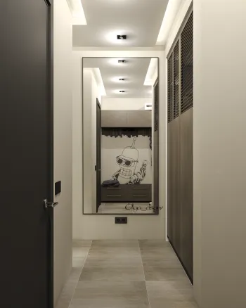 Интерьер с проходной, зеркалом на двери и с подсветкой  смотреть на Basicdecor