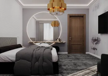 Интерьер спальни с аркой и светильниками над кроватью  смотреть на Basicdecor