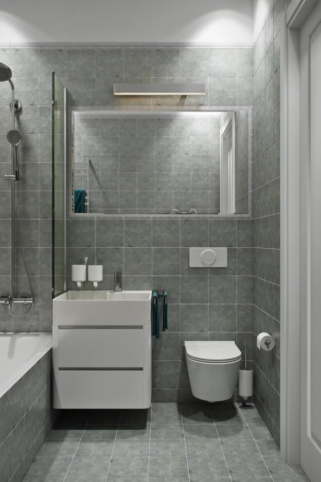 Интерьер ванной cовмещенным санузлом в современном стиле и в стиле лофт
