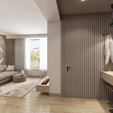Интерьер спальни с зонированием рейками  смотреть на Basicdecor