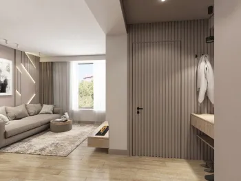 Интерьер спальни с зонированием рейками  смотреть на Basicdecor