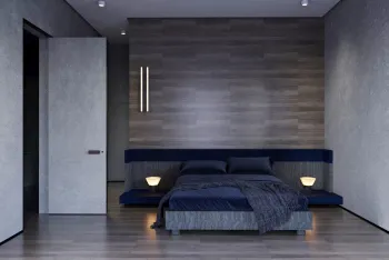 Интерьер спальни с нишей с подсветкой, подсветкой настенной, светильниками над кроватью и с подсветкой  смотреть на Basicdecor