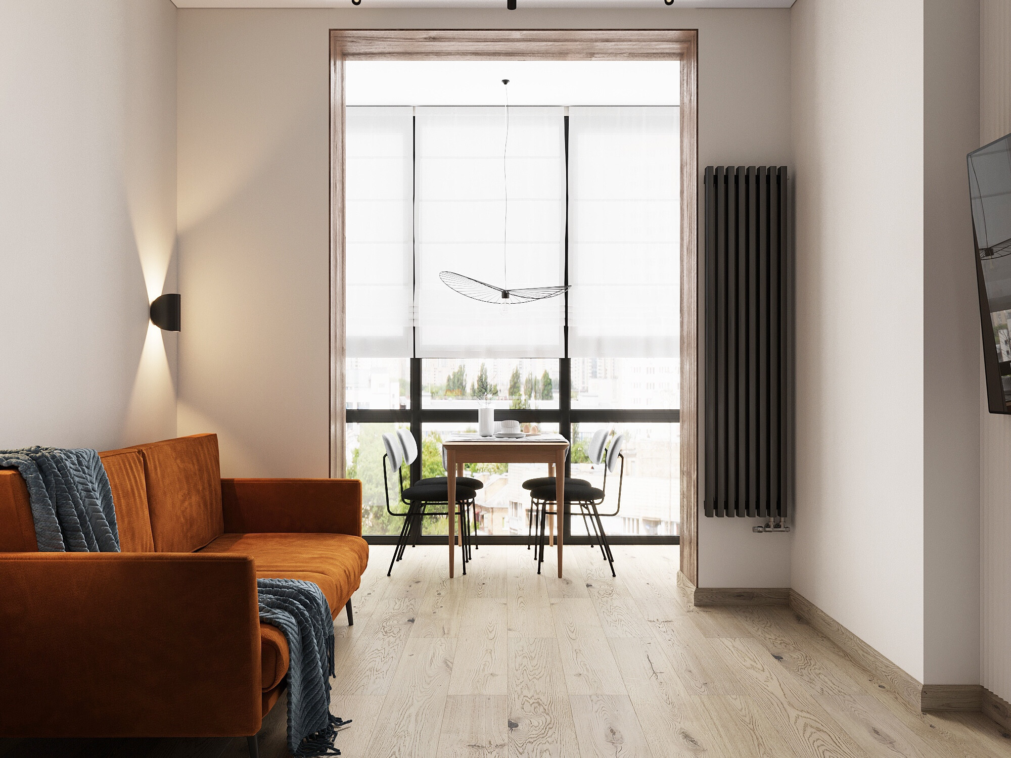 Интерьер гостиной с жалюзи, вертикальными жалюзи и дверными жалюзи в современном стиле
