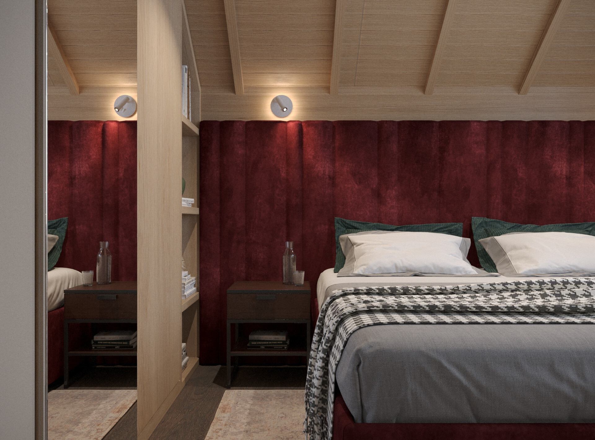 Интерьер спальни с подсветкой настенной, подсветкой светодиодной и светильниками над кроватью в стиле кантри