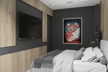 Интерьер спальни с телевизором на стене в современном стиле смотреть на Basicdecor