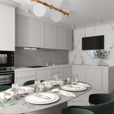 Интерьер кухни cветильниками над столом  смотреть на Basicdecor
