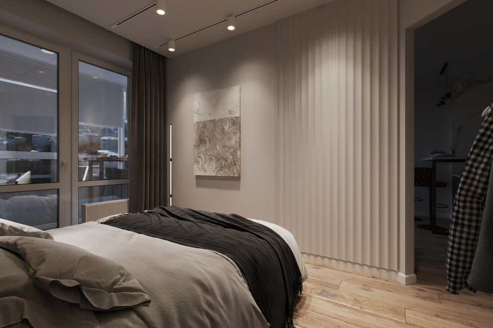 Интерьер спальни с жалюзи, вертикальными жалюзи и дверными жалюзи в современном стиле