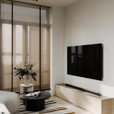Интерьер гостиной с телевизором на рейках  смотреть на Basicdecor
