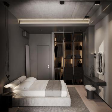 Интерьер с нишей с подсветкой, световыми линиями, подсветкой светодиодной, светильниками над кроватью и с подсветкой  смотреть на Basicdecor