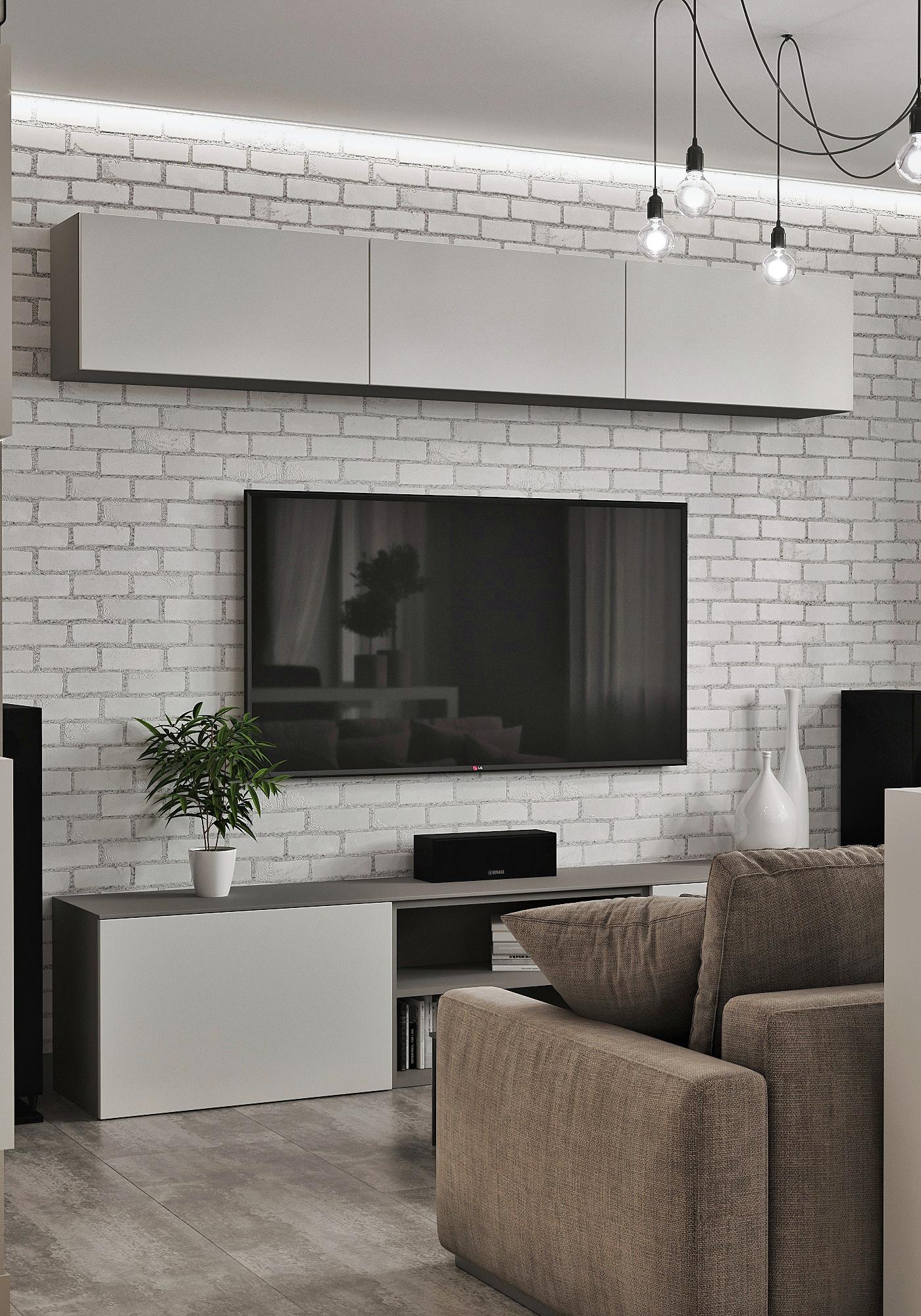 Интерьер гостиной cтеной с телевизором, телевизором на стене, нишей для телевизора и керамогранитом на стену с телевизором