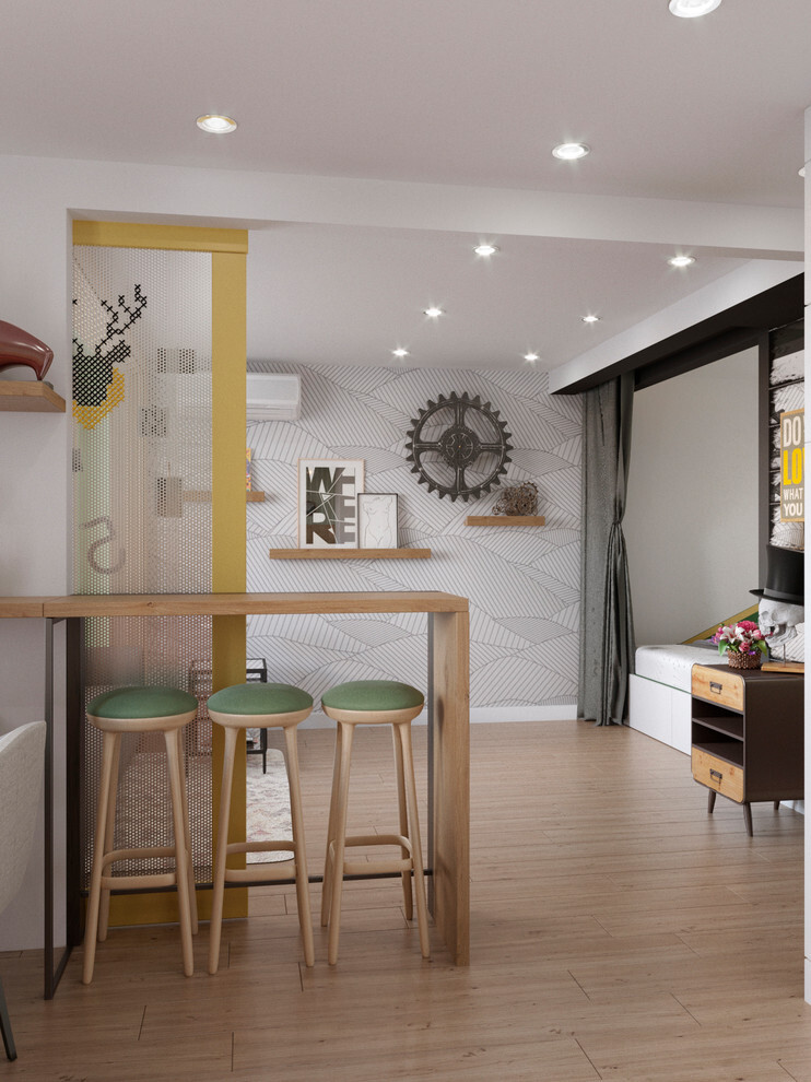 Интерьер кухни с зонированием и проходной в стиле лофт