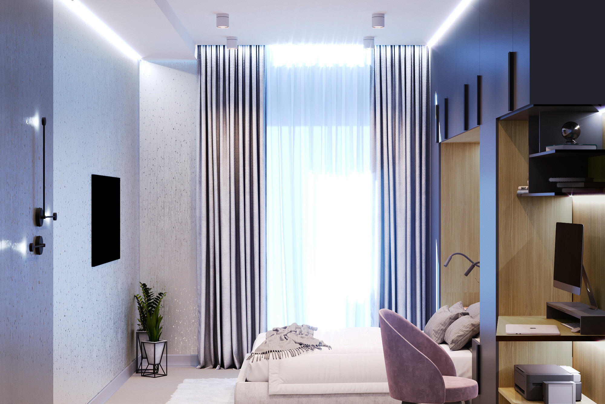 Интерьер гостиной cветовыми линиями, рейками с подсветкой, подсветкой настенной, подсветкой светодиодной, светильниками над кроватью и с подсветкой в современном стиле